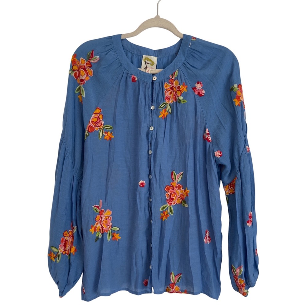 Fig and Flower Blue Embroidered Floral Peasant Blouse XL Balloon Sleeve Boho Top